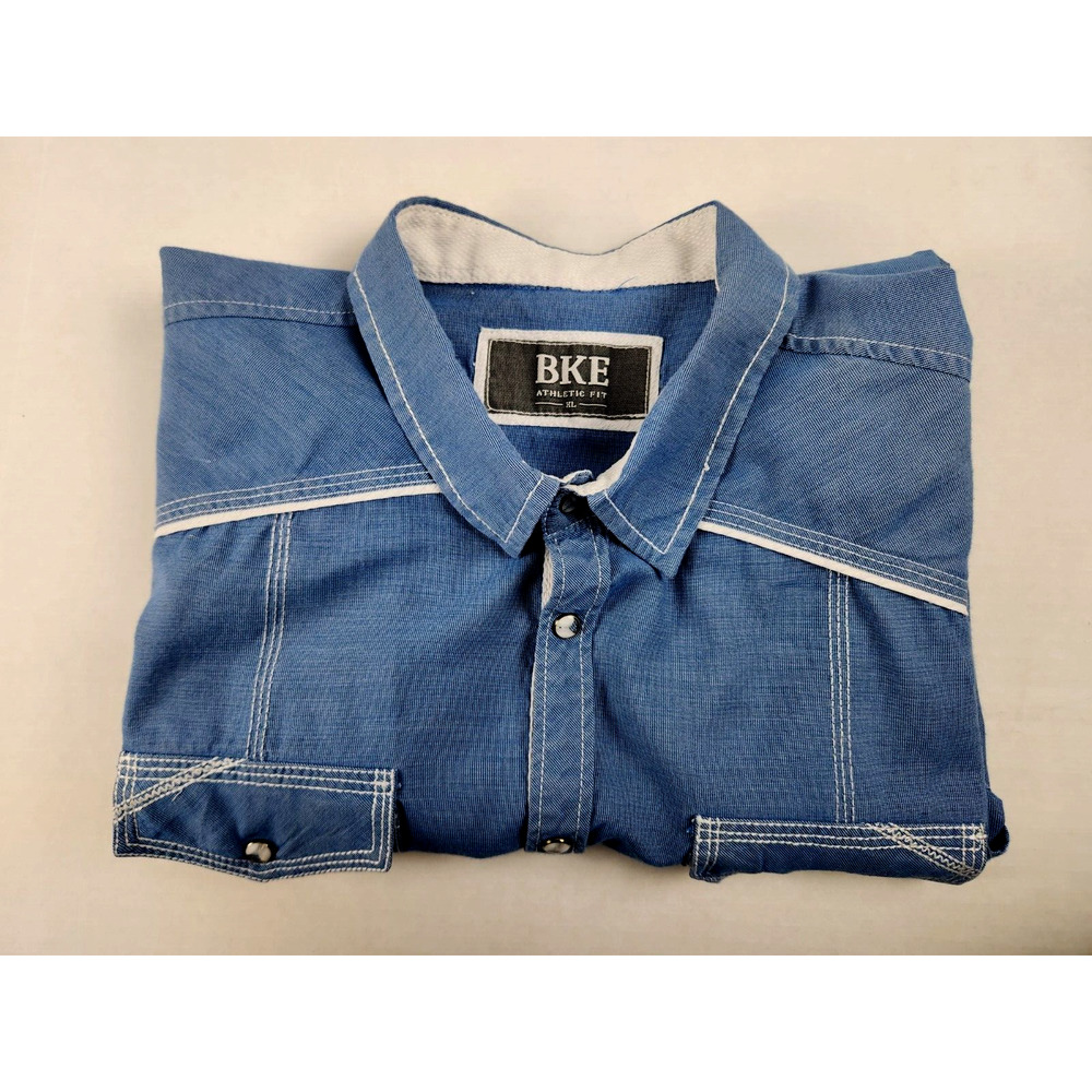 BKE Shirt Mens Athletic Fit Xtra large Size Blue Pearl Snap Button Down Pockets